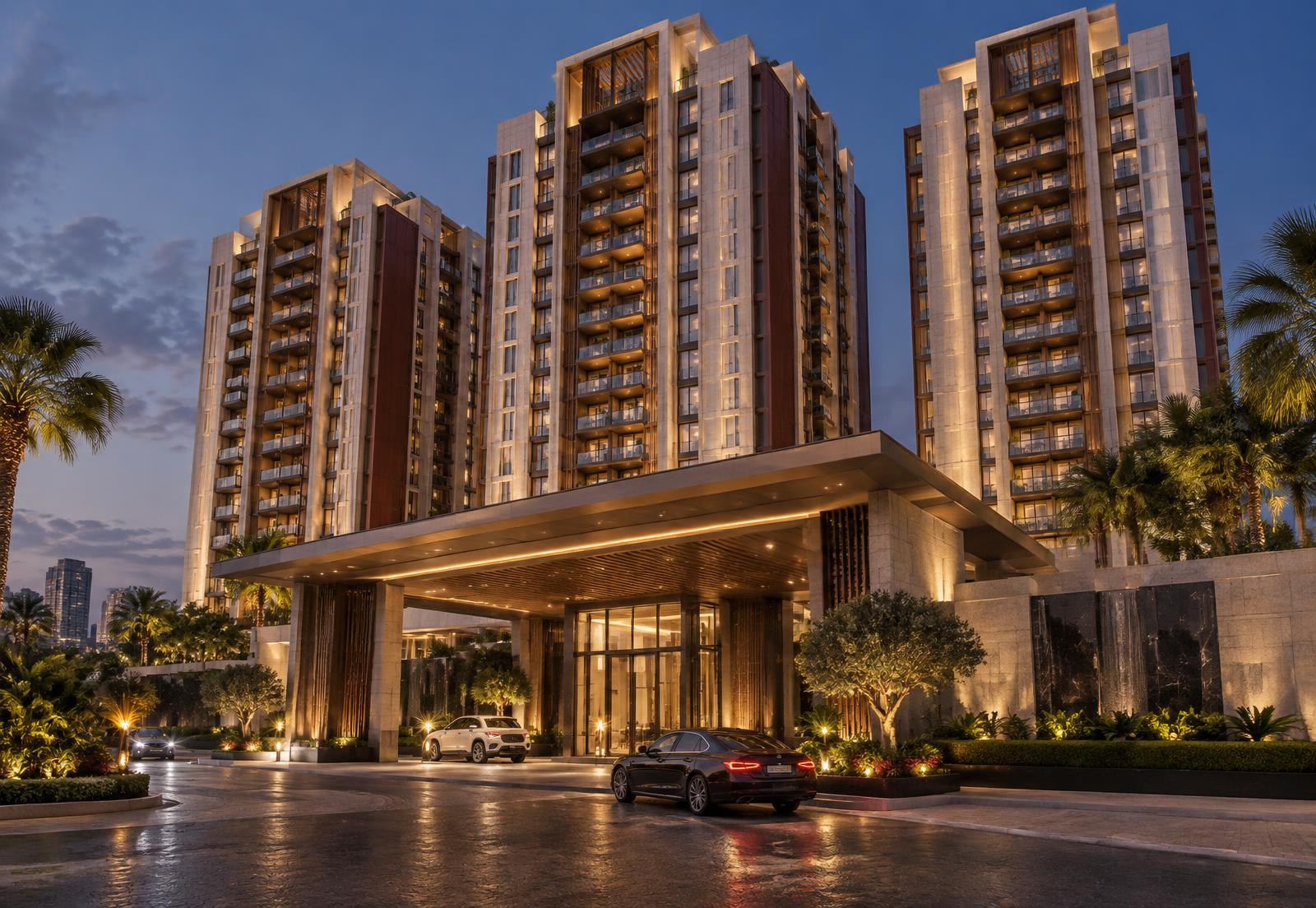 Street view rendering of the grand entrance at Roomi Enclave